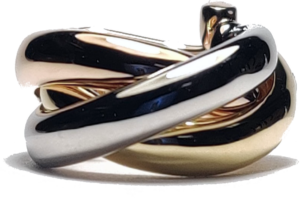 An image of a silver and gold ring intertwined together.